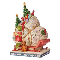 Grinch by Jim Shore - Grinch and Max Standing by Christmas Sleigh Figurine 21.5cm