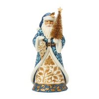 Heartwood Creek by Jim Shore Blue & Gold Christmas Santa Holding a Sisal Tree
