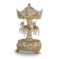 Russell Collection - Carousel 3 Horse Musical Merry Go Round - Pink Yellow Green 20cm
